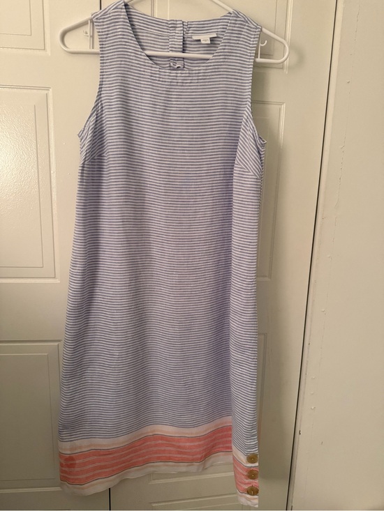 J. Jill Dresses & Skirts - J. Jill Light Blue and White Striped Sleeveless linen dress with Coral Border XS